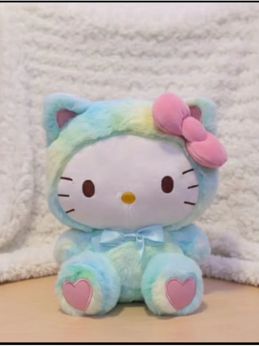 Sanrio Pastel Rainbow Kitty Plush with Pink Bow and Heart Paws